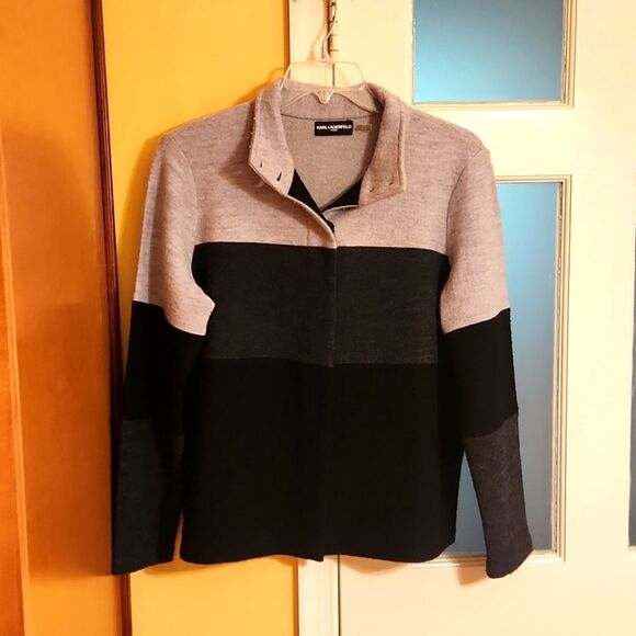 Karl Lagerfeld Paris Women's Black & Gray Wool-Blend Striped Jacket Size L - Picture 1 of 10